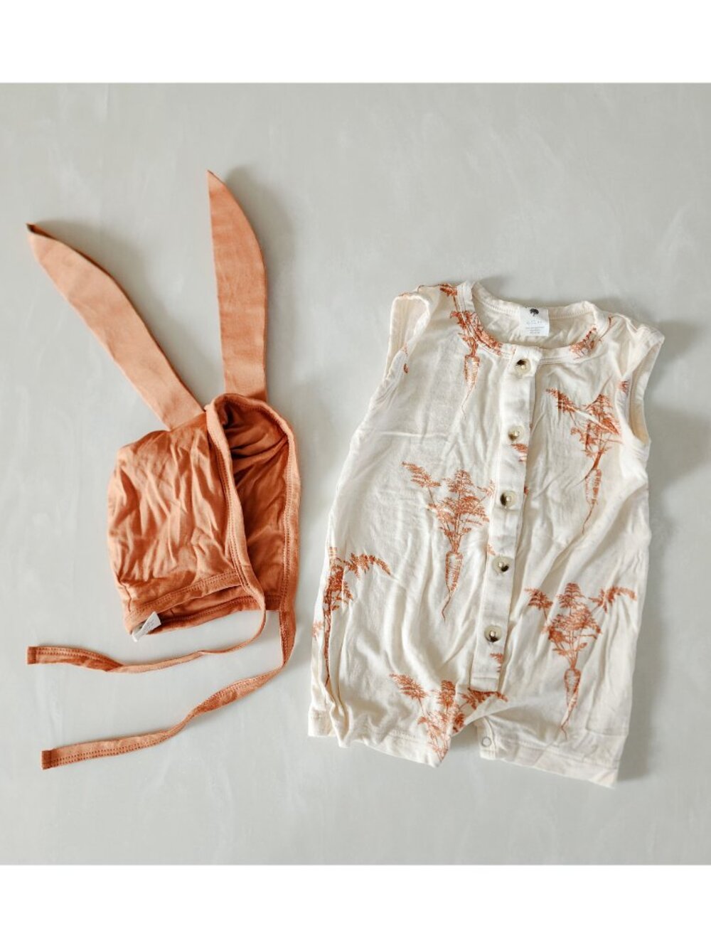 Kate Quinn Carrot Bamboo Button Shortie Jumpsuit and Bunny Ears Rabbit Hat 6-12